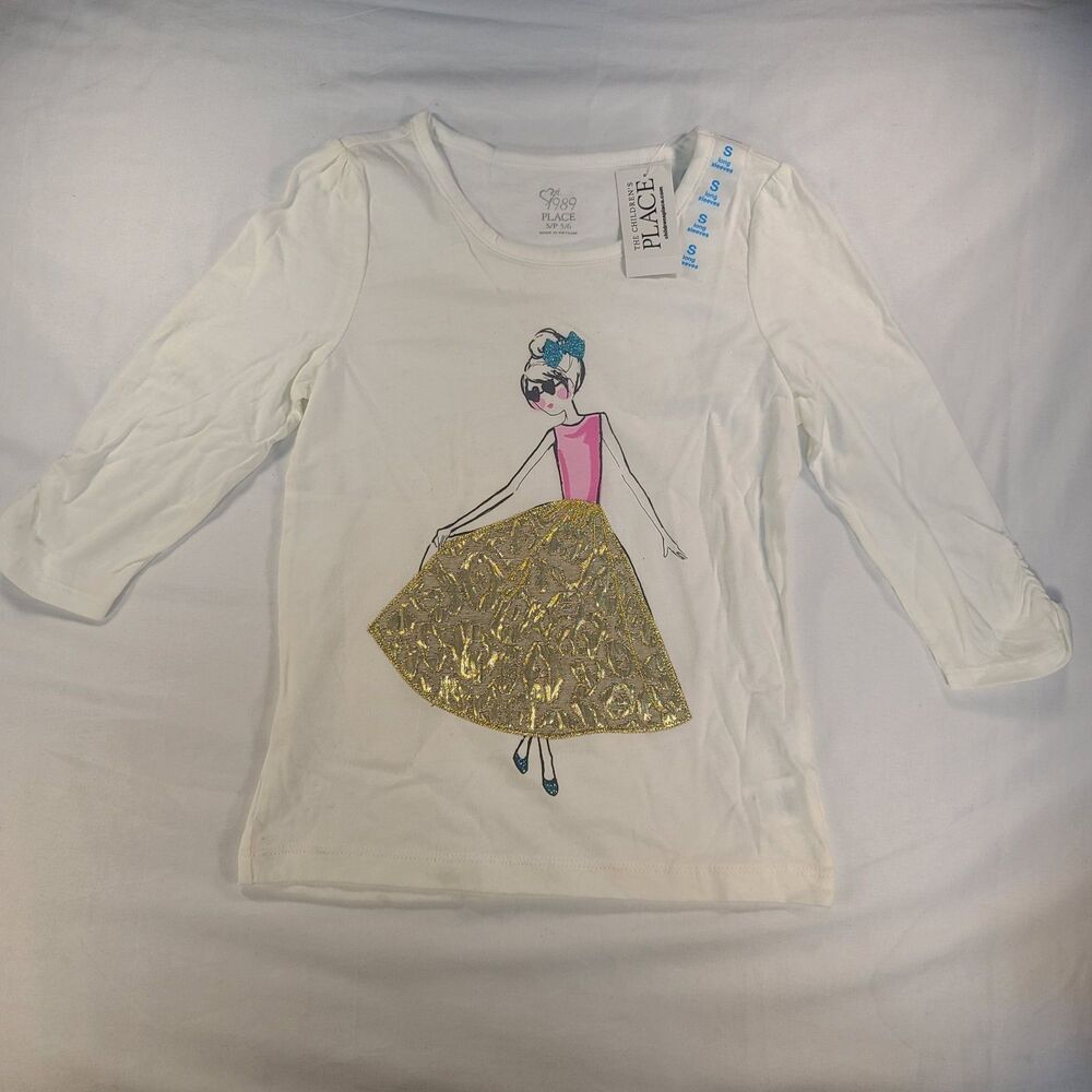 The Children's Place Girls Size 5/6 S White Long Sleeve Top Glitter Graphic NWT